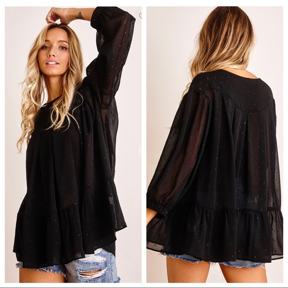 Bohemian metallic dot black chic stylish fashionable Ruffle hem top - Picture 4 of 4